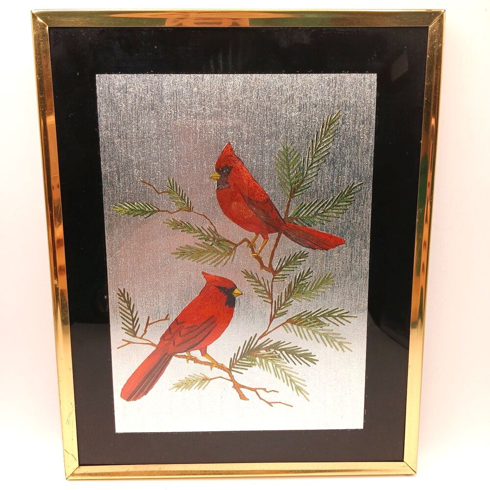 Gold Framed Print Of Two Cardinal Grosbeaks On Pine Tree Branch 8x10 in USA Made